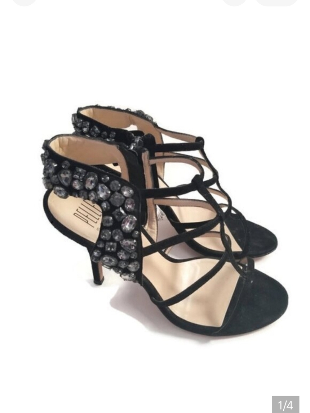 New PELLE MODA | suede heels black shoes t straps crystals sz 10M